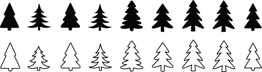 Vector Black and White Christmas Tree Icons Collection, Elegant Outline and Solid Silhouette Styles, Evergreen Pine Forest Shapes, Winter Holiday Season Design Elements, Isolated Graphics.