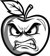 Furious apple fruit mascot with an aggressive face a bold black and white line art illustration.