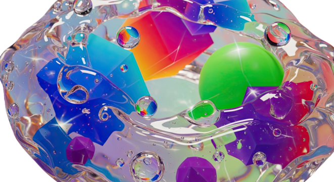 Clear gel texture merging with 3D gradient shapes