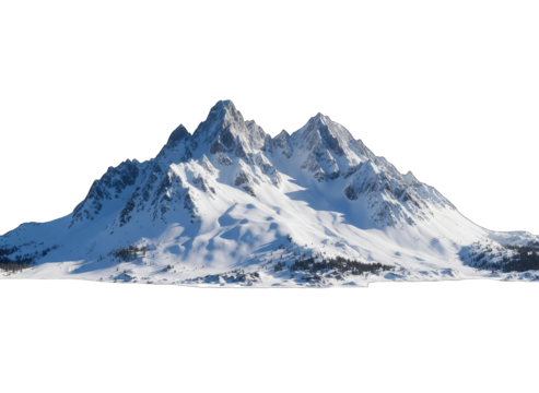 Snow Covered Mountain Peaks Under Bright Sunlight With Pine Trees Dotting the Slopes On A Clear Day