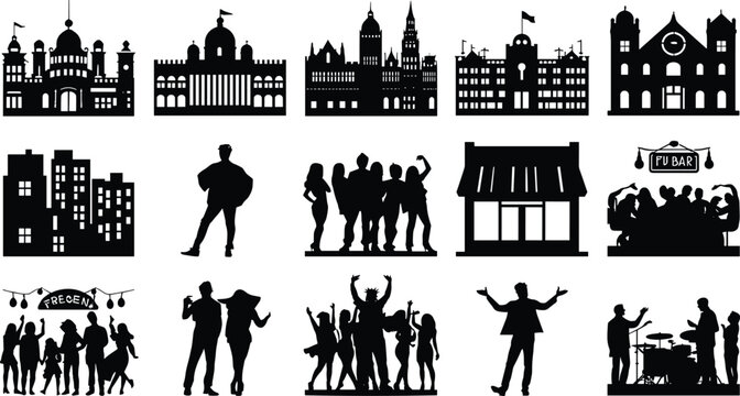 Collection of black silhouette icons featuring buildings and groups of people architecture