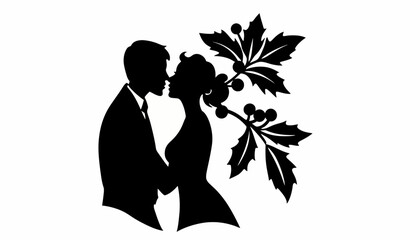 Silhouette of a couple in love, celebrating their union with a sprig of mistletoe, evoking romance and holiday cheer