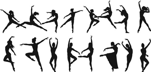 Collection of Black Silhouettes of Ballet Dancers in Various Poses white background © Sumia Art