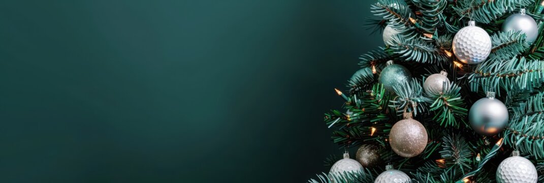 Festive christmas tree with golf ball ornaments for unique holiday decor on a dark gree background. Horizontal banner. Copy space. Free space for text