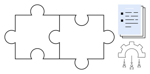 Connected puzzle pieces symbolize teamwork adjacent documents represent organization, and a workflow diagram expresses process optimization. Ideal for collaboration, integration, teamwork