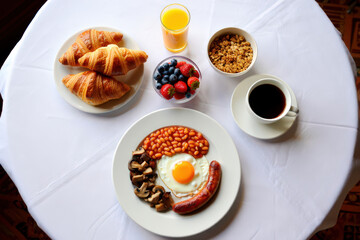 Delicious Breakfast Spread Featuring Croissants, Juice, Berries, Cereal, Coffee, Fried Egg, Sausage, Beans, and Mushrooms on a White Tablecloth