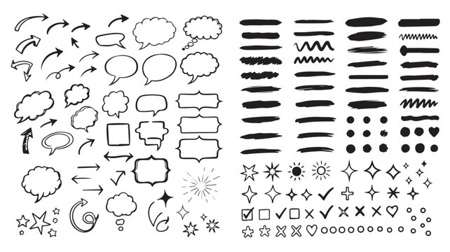 Hand drawn doodle elements isolated on, arrows, speech bubbles, underlines, stars, check marks, hearts and other symbols