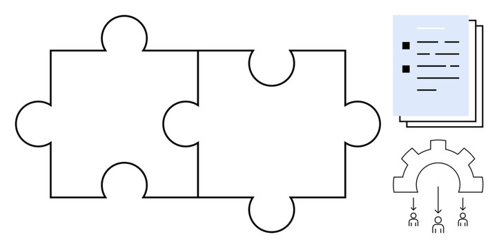 Connected puzzle pieces symbolize teamwork adjacent documents represent organization, and a workflow diagram expresses process optimization. Ideal for collaboration, integration, teamwork