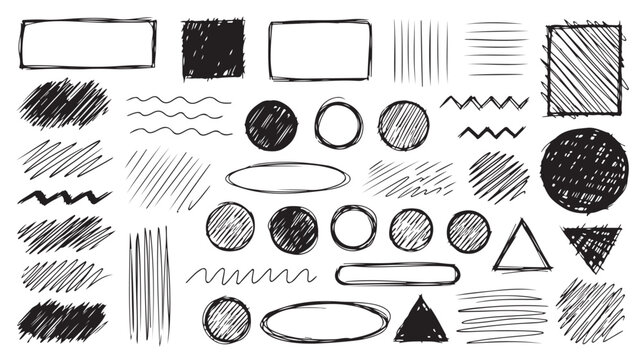 Set of hand drawn doodle elements isolated on, vector sketch scribble frames, lines, circles and shapes