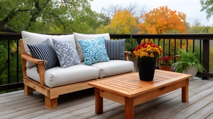 Obraz premium Outdoor patio sofa and coffee table in autumn