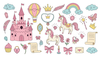 Hand drawn fairytale set with castle, unicorn, rainbow, crown, air balloon © MARS