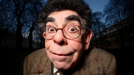 Funny Elderly Man Wearing Glasses Smiling Playfully Outdoors at Night