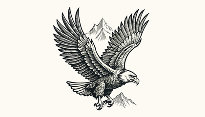 Obraz premium Majestic Eagle Soaring Illustration - Wildlife Art with Detailed Feathers and Mountain Backdrop