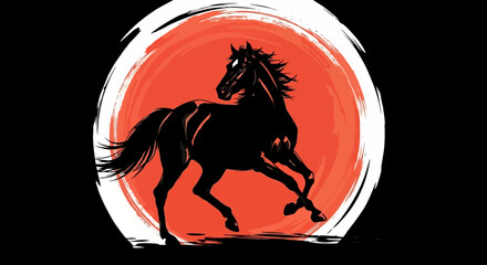 Dynamic black horse silhouette illustration against a vibrant, painterly red sun, symbolizing power, speed, and spirit in a captivating artistic design