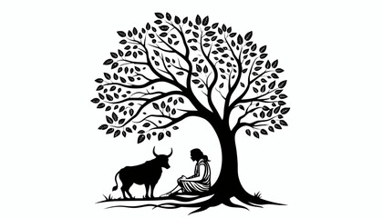 Illustration of a person and an ox resting under a tree, representing nature and peace