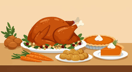 Thanksgiving Feast A Delicious Illustration of Roasted Turkey, Side Dishes, and Pumpkin Pie