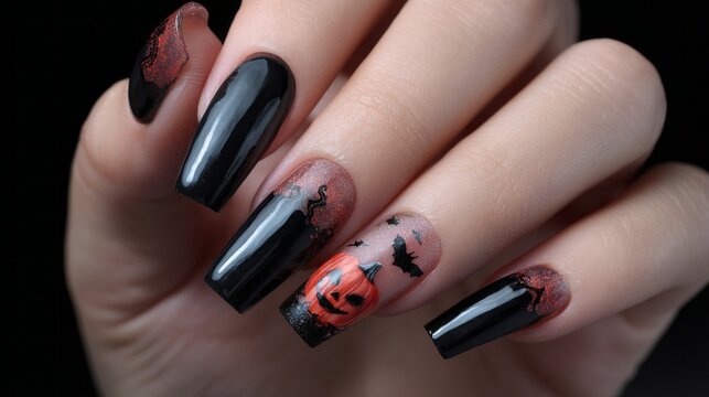 Bright orange pumpkin and dark bats adorn long black nails, showcasing an artistic Halloween spirit. This nail art is perfect for celebrating the spooky season with style