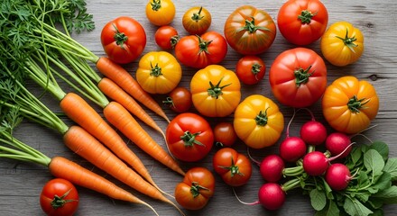 A vibrant overhead view of fresh vegetables including carrots tomatoes and radishes on a wooden surface.