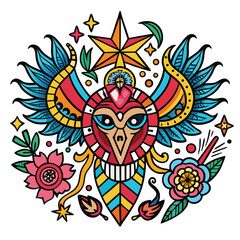 Obraz premium Colorful owl emblem with stars and flowers isolated on