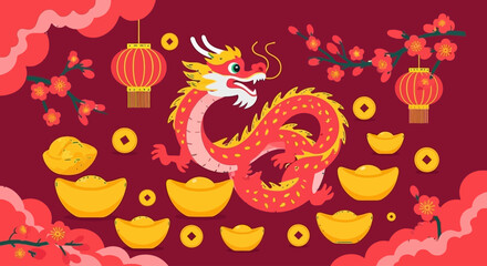 Vibrant illustration celebrating Chinese Lunar New Year with a majestic red dragon, traditional lanterns, and symbolic gold ingots representing prosperity and good fortune