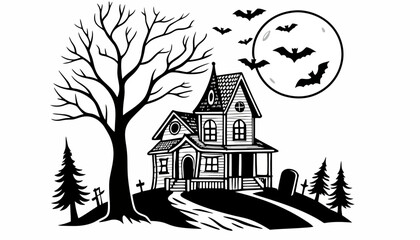 Halloween illustration of a haunted house with bats flying in the full moon and spooky trees