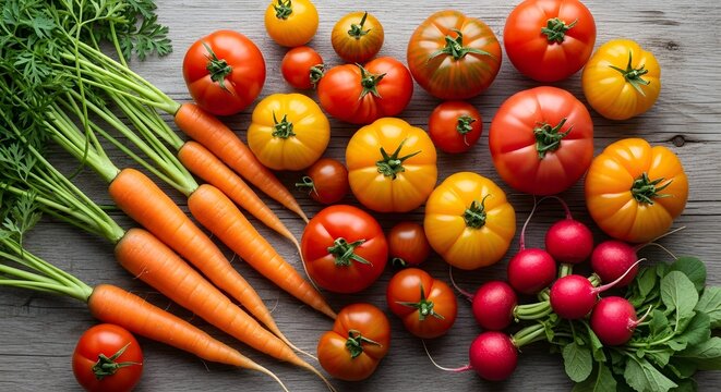 A vibrant overhead view of fresh vegetables including carrots tomatoes and radishes on a wooden surface.