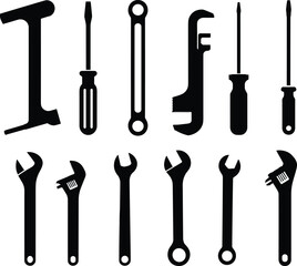Set of construction tool silhouettes, hammer, wrench, screwdriver, spanner icons, vector illustration for mechanic repair, isolated on white background