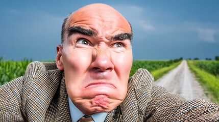 Bald Man with Frustrated Expression Standing Outdoors on Rural Road in Daylight