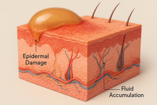 Medical illustration of painful second degree burn showing skin cutaway with damage. epidermis and dermis blistering from fluid accumulation detailed in an educational chart