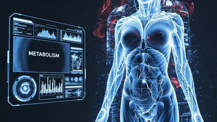 A glowing blue human body scan with a digital interface displaying 'metabolism' on a dark background with red blood vessels visible. - Powered by Adobe