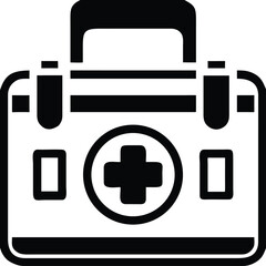 Simple black and white icon of a medical first aid kit with a cross symbol