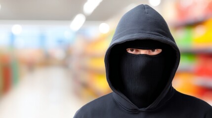 A hooded figure with a black balaclava stands quietly in a brightly lit supermarket aisle among colorful shelves. The atmosphere is filled with suspense and curiosity