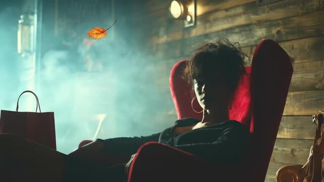 A person lounges in a deep red armchair amid blue smoke and rustic wooden walls. Soft shadows linger