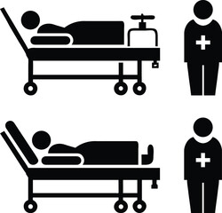 Medical icons representing patient care and healthcare professionals in a hospital setting