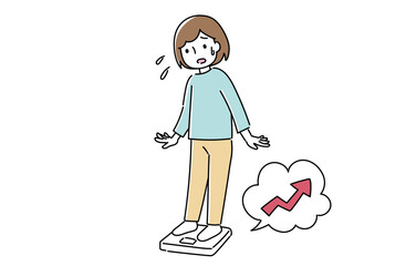 体重計に乗って体重増加に気づいて焦る女性のイラスト