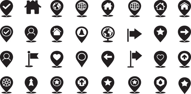 Collection of black map pin location marker icon set isolated on