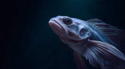 A detailed close up portrait of a pale blue deep sea fish with delicate fins against a dark background