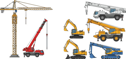 Construction equipment vector set with tower crane, mobile crane, excavator, digging bucket, boom arm, heavy machinery, engineering vehicle, black illustration, flavector ©  FIROZ