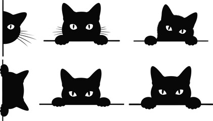 Black cat peeking over edge vector illustration set