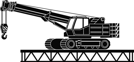 Mobile crane vector illustration, telescopic boom, construction equipment, heavy machinery, black and white silhouette, truss platform, industrial lifting gear, flavector ©  FIROZ
