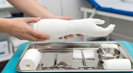 Medical professional preparing a modern prosthetic arm for a patient.