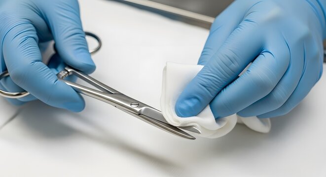 Close-up of gloved hands cleaning surgical scissors with a white cloth on a white surface.