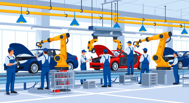 Automotive factory assembly line with robotic arms and workers building cars in a modern industrial setting