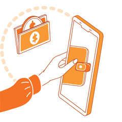 Hand paying with mobile phone, digital wallet with currency for online payment and transactions