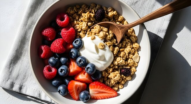 A healthy breakfast bowl with granola yogurt and fresh berries looks delicious. - Powered by Adobe