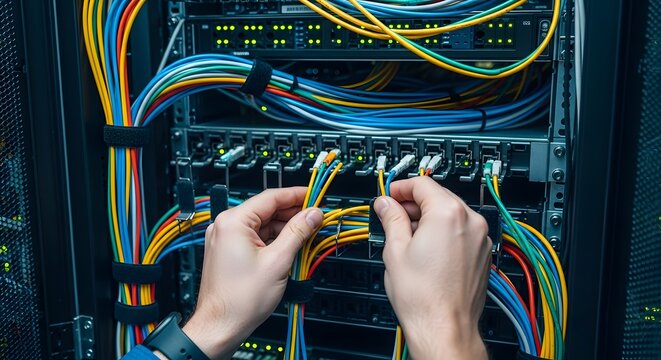 Close-up of hands connecting colorful network cables in a server rack within a data center. - Powered by Adobe
