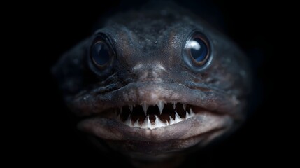 Close up portrait of a deep sea fish with large staring eyes and sharp menacing teeth against a dark background