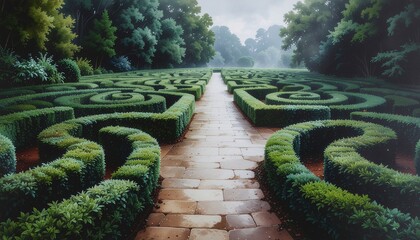 Explore a captivating green maze garden with winding paths and lush hedges, perfect for travel inspiration and creative design projects today