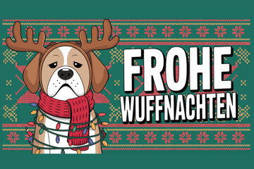 Cute dog in reindeer antlers and christmas lights wishes frohe wuffnachten