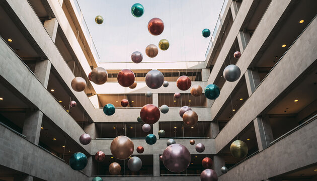 Reflecting spheres hang in modern atrium, creating an inspiring, futuristic design element for upscale interiors and architectural projects, adding depth and wonder